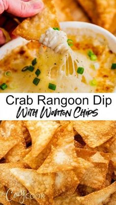 crab rangoon dip with woman chips is an easy appetizer for any occasion