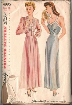 1930s VTG Glamorous Robe and Negligee Pattern Simplicity 4995 Size 16 Bust 34 #Simplicity Vintage Clothes Patterns, 1940's Fashion, Mode Retro, Fashion 1940s, Retro Mode