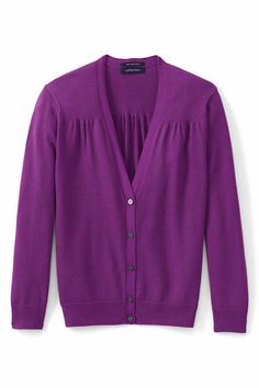 Lands End Women's Supima Dress Cardigan Sweater Cabbage Purple New.  So Sweet. So light. So soft.  Light and lovely, designed to be the perfect companion for all your dresses, knit using fine-gauge Supima® cotton, America's best. Cardigan is delightfully detailed too with pretty shirring at front shoulders and center back, button front, 1x1 rib-knit cuffs and bottom.  100% Supima cotton.   Features Superior Supima cotton Lightweight fine-gauge knit Ideal worn with dresses Grosgrain trimmed neckl Elegant Cotton V-neck Cardigan, Elegant Purple Sweater For Spring, Elegant Spring Purple Sweater, Elegant Purple Winter Cardigan, Elegant V-neck Cotton Cardigan, Elegant Purple Fall Cardigan, Elegant Sweater For Daywear, Elegant Fitted Cotton Cardigan, Dress Cardigan