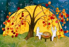 two cats are sitting in front of a tree with apples on it and the moon above them