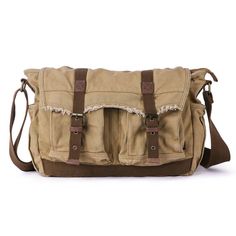 Gootium Canvas Frayed Style Messenger Bags #80808 Casual Khaki Shoulder Bag With Canvas Lining, Khaki Cotton Satchel Bag, Khaki Cotton Satchel Shoulder Bag, Khaki Cotton Bag With Adjustable Strap, Khaki Canvas Satchel With Leather Handles, Khaki Canvas Satchel, Casual Brown Cotton Satchel, Outdoor Large Capacity Cotton Bag, Brown Cotton Satchel Canvas Bag