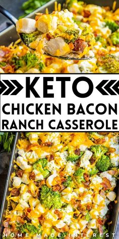 chicken bacon ranch casserole with broccoli in the background and text overlay that reads keto chicken bacon ranch casserole