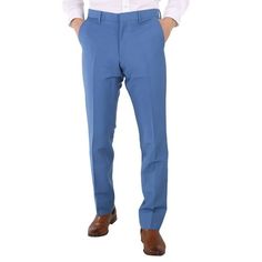 Burberry Men's Bottoms. Fashion category: Pants & Leggings. SKU: 8023725. Color: Steel Blue. Burberry Steel Blue Mohair Wool Classic Fit Tailored Trousers. This tailored trouser is crafted in Italian-woven mohair wool and features a flat front, concealed hook-and-bar, button and zip fly closure, regular rise, side slip pockets, back button-through welt pockets and a classic fit. Materials - Outer: 60% mohair, 40% wool. Lining: 100% viscose. Made in Italy. Size: 31.1.  Color: Multicolor.  Gender: Fitted Blue Bottoms With Standard Cut Leg, Blue Fitted Bottoms With Standard Cut Leg, Fitted Blue Bottoms, Fitted Blue Dress Pants With Pockets, Blue Tailored Cotton Pants, Tailored Blue Cotton Pants, Blue Slim Fit Straight Leg Suit, Fitted Blue Chinos With Tapered Leg, Fitted Blue Chinos With Straight Leg