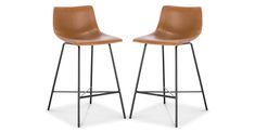 pair of brown leather bar stools with black metal legs and footrests on white background