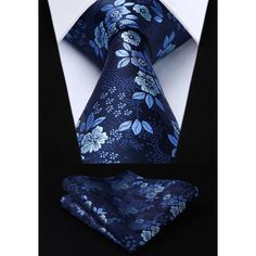 Floral Tie Handkerchief Set - BLUE Elegant Blue Neckwear For Business, Elegant Blue Neckwear With Ties, Blue Suit And Tie Accessories For Wedding, Elegant Blue Suit And Tie Accessories For Wedding, Blue Wedding Neckwear With Ties, Fitted Blue Neckwear For Black Tie Events, Blue Ties For Wedding Neckwear, Blue Classic Wedding Suit And Tie Accessories, Elegant Blue Neckwear For Black Tie Occasions