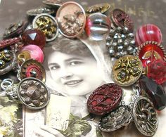 a close up of a person's face surrounded by many different types of buttons