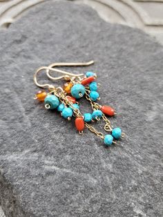 "multi gemstone, turquoise and coral earrings in vibrant summer colors. All metal used is 14Kgold  gold filled . This pair is super comfortable, super light, perfect for every day length approx 1.7\" more earrings https://www.etsy.com/shop/Sylviajewelry?ref=seller-platform-mcnav&section_id=5227903 Thank you for visiting Sylviajewelry" Days Before Christmas, Turquoise And Coral, Summer Earrings, Coral Earrings, Summer Earring, Gold Gift, Earrings In Gold, Elegant Earrings, Summer Colors