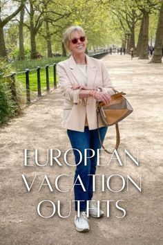 an older woman walking down a path with her hand in her pocket and the words european vacation outfits on it