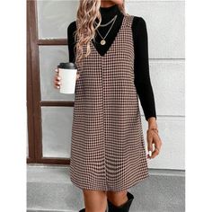 -Item Id 41946717 -Neckline: V Neck -Style: Casual -Type: Pinafore -Waist Line: Natural -Hem Shaped: Straight -Color: Brown -Pattern Type: Houndstooth, Colorblock, Plaid -Sleeve Length: Sleeveless -Length: Short -Fit Type: Loose -Fabric: Non-Stretch -Material: Woven Fabric -Composition: 100% Polyester -Care Instructions: Machine Wash Or Professional Dry Clean -Sheer: No **Open To Offers!!!** **Bundle To Save More** **30% Off Bundles Of 2 Or More Items!!** ***Orders Go Out Within 5-10 Business Da Vintage Houndstooth, Plaid Sleeve, Dress Autumn, Loose Fabric, Brown Pattern, Suspender Dress, Boutique Dresses, Women's Casual, Fall Dresses