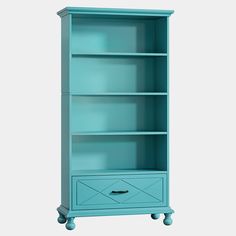 a blue bookcase with two drawers and one drawer on the bottom, in front of a white background