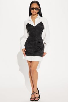 Available In White/Black. Mini Shirt Dress Collared V/Neckline Long Sleeve Button Down Pocket Design Length=33" Self: 100% Polyester Contrast: 100% Polyester Lining: 100% Polyester Imported | Katie Blazer Mini Dress in White/Black size XS by Fashion Nova Millionaire Outfit, Warm Fits, Blazer Mini Dress, Mini Shirt Dress, White Blazer, Dress Ideas, Matching Dresses, Blazer Dress, White Mini Dress