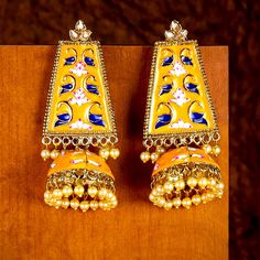 Price Is Firm No Offers Please 5 Seller Best Quality! Unique Piece! Reasonable Price! 8 Cm Long Material- Alloy, Stones, Pearl, Gold Plated Yellow Jhumka Indian Pakistani Wedding Sangeet Party Eye Catching Earrings Match This Lovely Earrings With Indian Or Pakistani Or Afghani Kurta Kurti Saree Lehenga Yellow Bohemian Earrings With Latkans, Bohemian Yellow Earrings With Latkans, Yellow Bohemian Earrings For Festive Occasions, Yellow Bohemian Jewelry With Latkans, Bohemian Yellow Jewelry With Latkans, Handmade Gold Jhumkas For Navratri, Handmade Yellow Bollywood Jewelry, Bohemian Gold Meenakari Jhumkas, Traditional Orange Earrings For Festivals