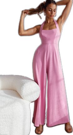 Pink Stretch Jumpsuits And Rompers For Evening, Full Length Party Jumpsuit, Party Full-length Solid Jumpsuit/romper, Full-length Jumpsuit For Party, Full Length Solid Jumpsuit For Party, Elegant Pink Stretch Jumpsuits And Rompers, Pink Strapless Jumpsuit For Summer Evenings, Fitted Wide Leg Jumpsuit Or Romper In Solid Color, Pink Party Jumpsuits And Rompers