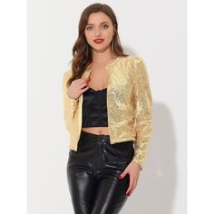 Details with a long puff sleeve, cropped design, and full sequin decoration that sparkles to bring out your beauty. Shiny and sparkly sequin bolero jacket, makes you shine at night and stand out from the crowd. Occasions: Suitable for parties, clubs, night outings, weddings, proms, casual, work, office, business, etc. Pair it with a crop top and pants to complete the overall wearing style. Sequin Decor, Open Front Blazer, Open Front Jacket, Gold Outfit, Sequin Jacket, Puff Long Sleeves, Long Puff Sleeves, Women Crop, Front Open