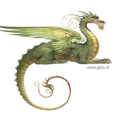 a green dragon sitting on top of a white background