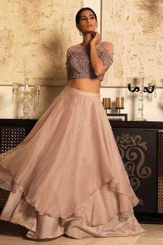 Shop for Couture by Niharika Pink Organza Skirt With Embroidered Blouse for Women Online at Aza Fashions Organza Skirt And Crop Top, Skirt And Crop Top Indian, Blouse With Skirt, Skirt With Embroidery, Crop Top Lehenga, Peach Fabric, Long Gown Design, Layer Skirt, Lehnga Dress