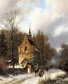 a painting of people riding horses in the snow near a church with a steeple