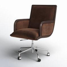 a brown office chair sitting on top of a white floor