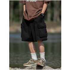 N-285-25 Hip Hop Streetwear Shorts With Pockets, Hip Hop Style Relaxed Fit Shorts With Pockets, Summer Shorts With Multiple Pockets For Outdoor Activities, Summer Outdoor Shorts With Multiple Pockets, Hip Hop Style Summer Shorts, Casual Cargo Shorts For Summer Outdoor Activities, Urban Style Summer Outdoor Bottoms, Black Athletic Shorts For Summer Outdoor, Black Cotton Cargo Shorts For Outdoor Activities