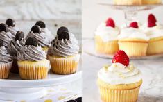 cupcakes with white frosting and strawberries on top are shown in three different pictures