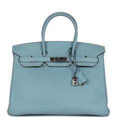 This Birkin is in Ciel togo leather with palladium hardware and has tonal stitching, front flap, two straps with center toggle closure, clochette with lock and two keys, and double rolled handles.The interior is lined with Ciel chevre and has one zip pocket with an Hermes engraved zipper pull and an open pocket on the opposite side.Collection: P SquareOrigin: FranceCondition: Pre-owned; Excellent to Mint - This bag retains its shape. There's no plastic on the hardware resulting in visible scratching and minor discoloration to the exposed hardware. The exterior leather has some wear around the bottom corners and to the exterior leather itself. The interior leather is clean with no signs of wear.Accompanied by: Hermes box (damaged), Hermes dustbag, clochette, lock, two keys, clochette dustba Luxury Togo Leather Top Handle Bag, Luxury Togo Leather Travel Bag, Designer Togo Leather Bag For Everyday Use, Designer Togo Leather Bag, Designer Togo Leather Travel Bag, Formal Togo Leather Bag With Lock, Designer Togo Leather Top Handle Bag, Togo Leather Travel Bag With Top Handle, Luxury Togo Leather Formal Bag