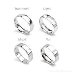 four different types of wedding rings with the names on each side and an inscription that says traditional