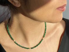 "Green Jade Beaded Necklace with Pearl, Green Jade Choker, Jade Choker Necklace DETAILS - Faceted Green Jade Beads 3 x 2 mm - 14K Gold Filled Spring Ring Clasp 5mm - 14K Gold Filled 2 inches Extender Chain - Natural Freshwater Pearl Select your preferred necklace length from the drop down menu. Model is wearing length 16\" Please note: Because we use natural stones, the stones may vary slightly in shape, shade and size. They may also contain natural inclusions. If you have any questions, please Small Beaded Necklace Choker, Green And Gold Beaded Necklace, Pearl And Jade Necklace, Jade Beaded Necklace, Jade Pearl Necklace, Homemade Pearl Necklace, Jade Jewelry Necklace, Jade Choker, Green Beads Necklace