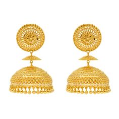 Pair these simple yet stylish 22 karat gold jhumka earrings with anything from causal wear to formal looks.Features• 22K Yellow GoldAdd a pair of 22 karat gold earrings from Virani to your jewelry collection! Our assortment of fine gold jewelry for women includes a vast assortment of 22 karat gold earrings in traditional and western styles for all occasions. Specifications• Minimum Earring Width - 2 millimeter• Maximum Earring Width - 40 millimeters• Earring Size - 63 millimeters• Earring Length Yellow Gold Meenakari Jhumkas For Diwali, Navratri Yellow Gold 22k Jhumkas, Festive 22k Gold Jhumkas, Festive Yellow Gold Jhumkas For Diwali, 22k Gold Meenakari Jhumkas For Diwali, 22k Gold Jhumkas For Wedding And Navratri, 22k Gold Bollywood Chandbalis, Bollywood Style Yellow Gold Jhumkas With Cutdana, Elegant Jhumkas With Intricate Design For Navratri