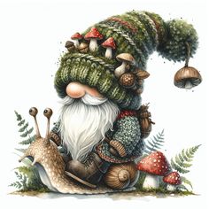 a painting of a gnome with mushrooms on his back