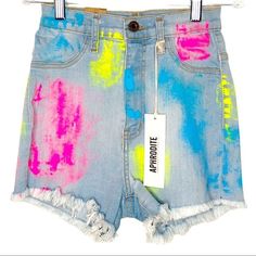 These High Waisted Light Wash Paint Splatter Shorts By Aphrodite Have An Approximate 22” Waist, 11” Rise, 2.5” Inseam. These Denim Shorts Are Made Of Super-Stretch Denim Material That Will Stay Close To Your Body For A Flattering Fit. High Rise, Skinny Fit Through Hips And Thighs. Faux Front Pockets And Real Back Pockets. Belt Loops, Zipper And Button Closure. Hand Sanding, Painted And Frayed Hem To Emphasize Your Body's Curves And Allow For Maximum Stretch Ability. New With Tags. No Flaws. Multicolor Distressed Bottoms For Spring, Distressed Multicolor Bottoms For Spring, Spring Multicolor Distressed Bottoms, Spring Denim Bottoms With Paint Splatter, Spring Acid Wash Ripped Bottoms, Trendy Denim Bottoms With Paint Splatter, Trendy Paint Splatter Denim Bottoms, Spring Paint Splatter Denim Bottoms, Multicolor Cutoff Jean Shorts For Summer