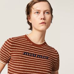 Find MIU MIU Cotton Bouclé Sweater on Editorialist. Short sleeves Striped knit Cropped fit Regular shoulder Intarsia logo Miu Miu Sweater, Sweater Print, Striped Knitwear, Boucle Sweater, Knit Logo, Latest Sweater, Fibre Art, Drop Shoulder Sweaters, Color Inspo