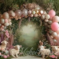 a backdrop with balloons and sheeps in front of an arch that has flowers on it