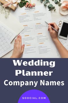 wedding planner company names on a table with flowers and other things to write in it