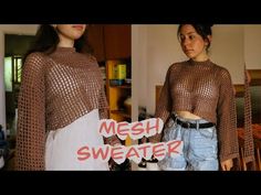 two pictures of a woman wearing a mesh sweater and jeans with the words mesh sweater on it