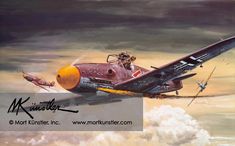 a painting of an airplane flying in the sky with two men on it's wings