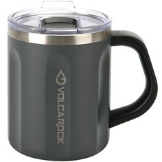 thermos cup with lid and handle is shown on a white background, it's grey