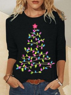 Christmas Tree Print, Blue Christmas Tree, Holiday Tops, 2023 Christmas, Long Sleeve Tops Casual, Crew Neck Top, Tree Print, Christmas Women, Fall Wardrobe