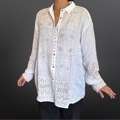 Beautifully Embroidered Summer Blouse With Delicate Neutral Patterns. -New With Tags -Johnny Was -Fabric Is Gauze Cotton With Polyester Trims -Shell Buttons -Size Xl -Model Is 5’3”, Us Size 6 Tags Boho Bohemian Earthy Unique Lagenlook Cottagecore Embroidery Luxury Designer Neutrals Beach Summer Gauze Crunchy Embroidered Oversized Summer Shirt, Summer Oversized Embroidered Shirt, Oversized Embroidered Shirt For Summer, Oversized Embroidered Cotton Blouse, White Bohemian Button-up Shirt, Relaxed Fit Floral Embroidery Shirt For Vacation, White Long Sleeve Bohemian Shirt, Oversized Embroidered Summer Blouse, Oversized Embroidered White Top