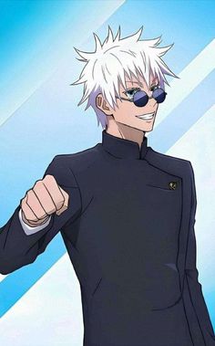 an anime character with white hair and sunglasses pointing at the camera while wearing black clothes