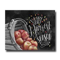 a chalk drawing of apples in a bucket with the words happy harvest season