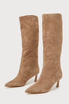 Make any of your looks instantly cooler with the Steve Madden Lavan Oatmeal Suede Leather Kitten Heel Knee-High Boots! These must-have boots have a soft, genuine suede leather construction that shapes a sophisticated pointed-toe upper that rises to a 14.5"" knee-high shaft with a 15"" circumference. A trendy kitten heel completes the posh, pull-on design! 2. 5" wrapped kitten heel. Lightly cushioned insole. Rubber sole has nonskid markings. Genuine suede leather upper. Balance man made materials Brown Suede Knee High Boots, Fall Thrifting, Suede Fall Boots, Tan Suede Boots, Beautiful Wardrobe, Kitten Heel Boots, 2024 Wishlist, Beige Boots, Suede Boots Knee High