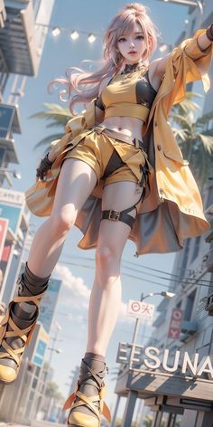 an anime character is posing on the street with her arms outstretched and legs spread out