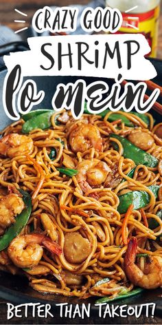 the cover of crazy good shrimp lo mein, with noodles and vegetables in it on a black plate