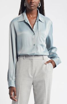 Nordstrom Bishop Sleeve Satin Button-Up Shirt | Nordstrom Satin Button Up Outfit, Turtle Neck And Jeans, Outfits To Wear To Work, Elevated Outfits, Best Cardigans, Satin Button Up, Medium Tv Show, Blue Button Up Shirt, Fall Transition Outfits