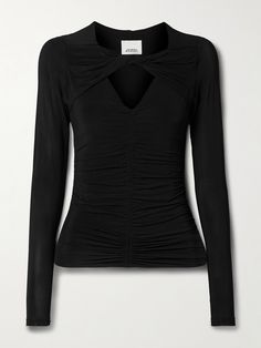 Isabel Marant's 'Vandalia' top is made from sheer, stretch-jersey that's double-lined through the bodice for coverage. It's intricately ruched throughout and has a twisted detail that further draws the eye to the cutout neckline. Ruched Fitted Elastane Top, Elastane Ruched Tops For Night Out, Fitted Ruched Tops For Layering, Fitted Ruched Top With Foldover Shape, Fitted Ruched Top With Foldover Neckline, Fitted Foldover Top With Ruched Details, Chic Ruched Elastane Tops, Versatile Black Ruched Tops, Versatile Ruched Fitted Top