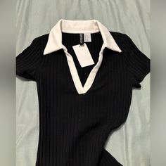 Nwt! Black Ribbed Mini Dress (Length: 30 In) White Collar V-Neck Comfy And Stretchy Material Black Ribbed V-neck Dress, H&m V-neck Top For Night Out, H&m Black Collared Top, Black Collared H&m Tops, H&m Black V-neck Dress, Women's Black Dress, Y2k Goth, Dress H&m, Ribbed Mini Dress