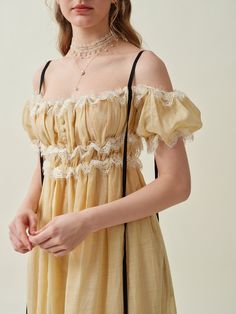 Feminine Yellow Dress With Square Neck, Beige Square Neck Dress With Lace Trim, Summer Linen Dress With Lace Trim, Cream Linen Dress For Garden Party, Feminine Linen Dress With Lace Trim, Beige Linen Dress With Lace Trim, Beige Linen Dresses With Lace Trim, Summer Off-shoulder Linen Dress, Vintage Linen Dress For Garden Party