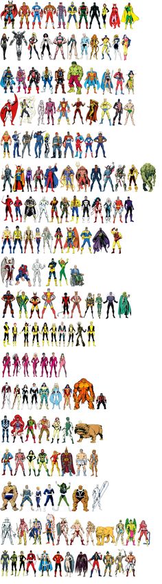 an image of many different types of action figures in the same line, all with different colors