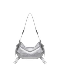 Silver Y2k.001 Shoulder Bag from Biasia -Bag with adjustable shoulder strap -Front pockets with large buckles -Main compartment with zip closure -Dimensions: 18x30x9. 5cm -Made in Italy -Colour: Silver -100% Calfskin | Biasia Women's Y2k.001 Shoulder Bag in Silver | SS23 Silver Y2k, Shop Y2k, Italian Fashion Brands, Modern Bag, Sneaker Wedge, Gorgeous Bags, Card Holder Leather, Italian Fashion, Bridal Shoes