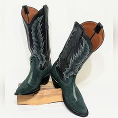 These High Quality Nocona, Vintage Boots Are Beautiful Shade Of Emerald/Forest Green. 13" Leather Shaft, Medium Round Toe And Underslung Heel. The Stingray Sparkles, The Diamond "Eye" Is Front And Center, Very Desireable. Aside From Its Beauty, Stingray Skin Is A Very Durable Material That It Is Perfect For The Wear And Tear Of Cowboy Boots. It Is Resistant To Water, Fire, Punctures, And Tearing. Leather Has Detailed, 8 Stitch Design, To Complement The Green Hues. These Are In Great Condition Lots Of Life Left. If You Are Not A Cowboy Boots Wearer, Please Do A Little Research, The Fit For Them Is Much Different Than Regular Shoes, For Instance Ladies Boots Run Large, So These 5.5, Would Be Emerald Forest, Ladies Boots, Diamond Eyes, Green Hues, Leather Cowboy Boots, Vintage Boots, Western Cowboy Boots, Stingray, Stitch Design